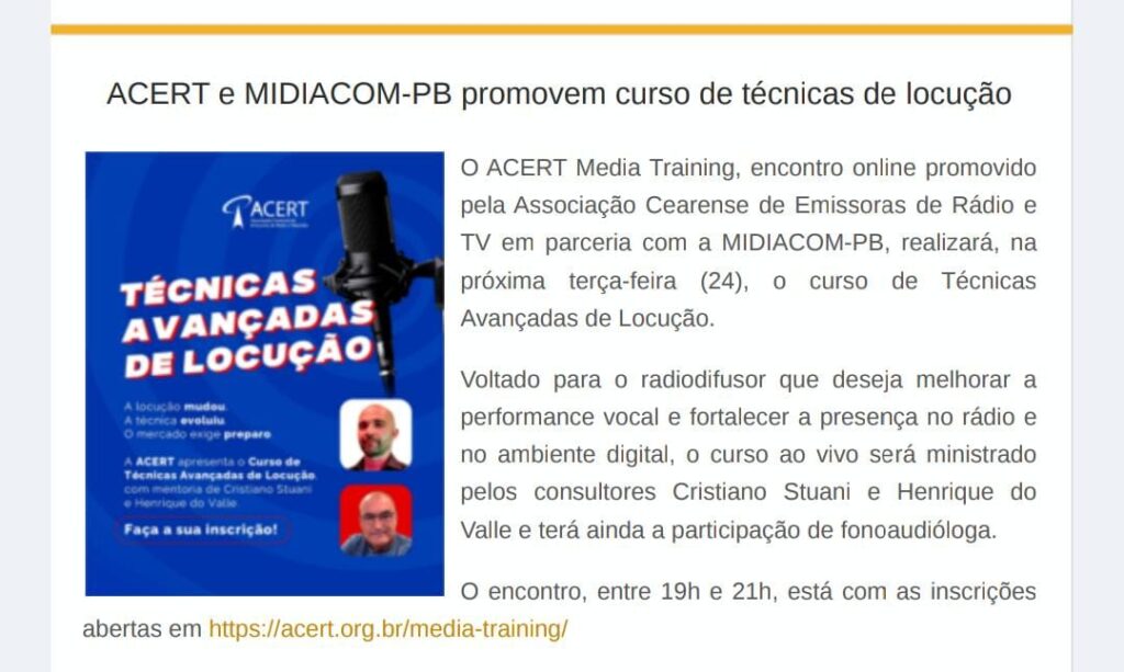 CURSO DE TÉCNICAS DE LOCUÇÃO COMEÇA NO DIA 24 - Acert